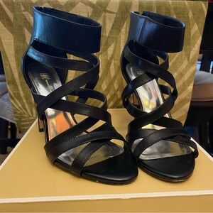 INC Black Leather Ruthie Strappy Ankle Stiletto Heels